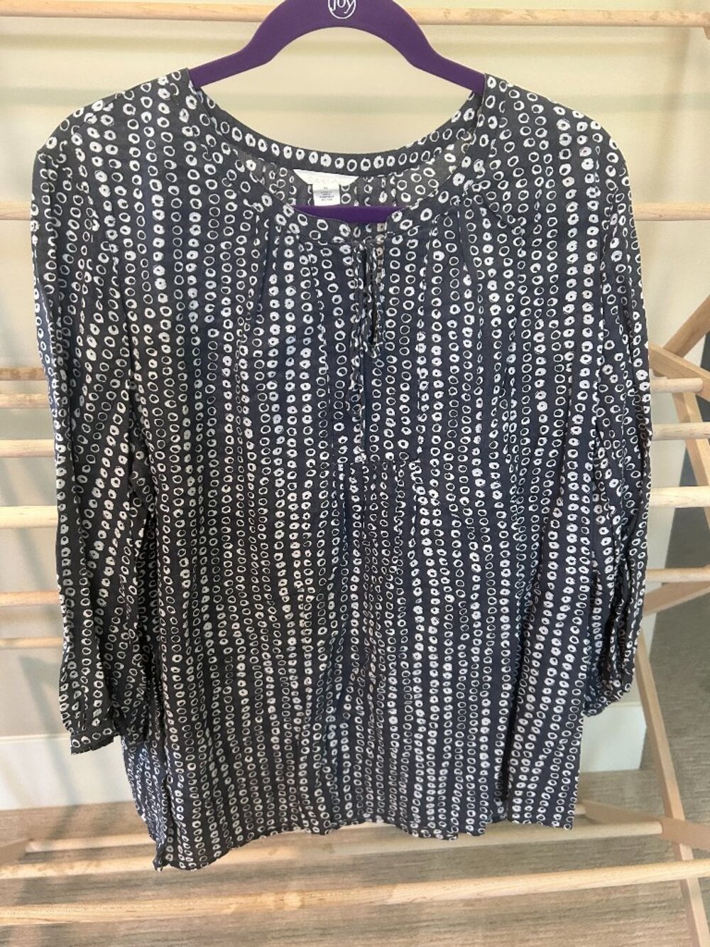 Caslon Charcoal Grey White Dotted Tie Neck Peasant Blouse XL